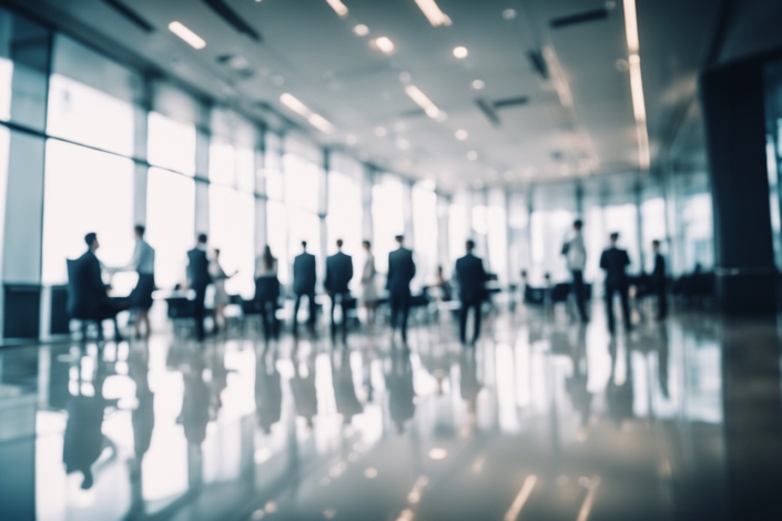 immagine fuori fuoco di ampio e luminoso spazio uffici, sala conferenze, con personale in riunione e consultazioni