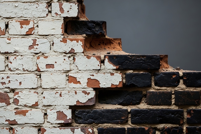 Weathered brick wall with peeling white paint and burnt bricks