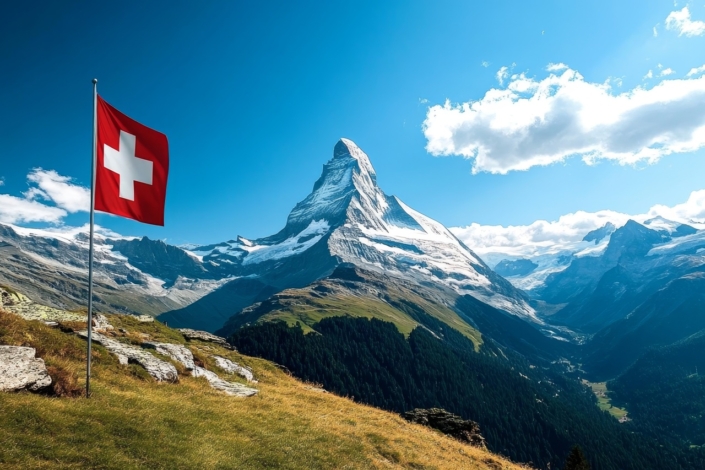 Breathtaking View of the Majestic Swiss Alps with Clear Blue Skies and Scenic Green Valleys