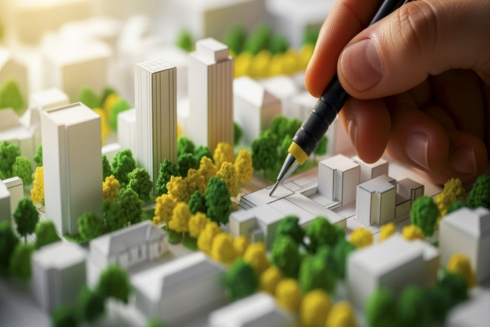 Hand pointing at a miniature city model. Architect planning a su